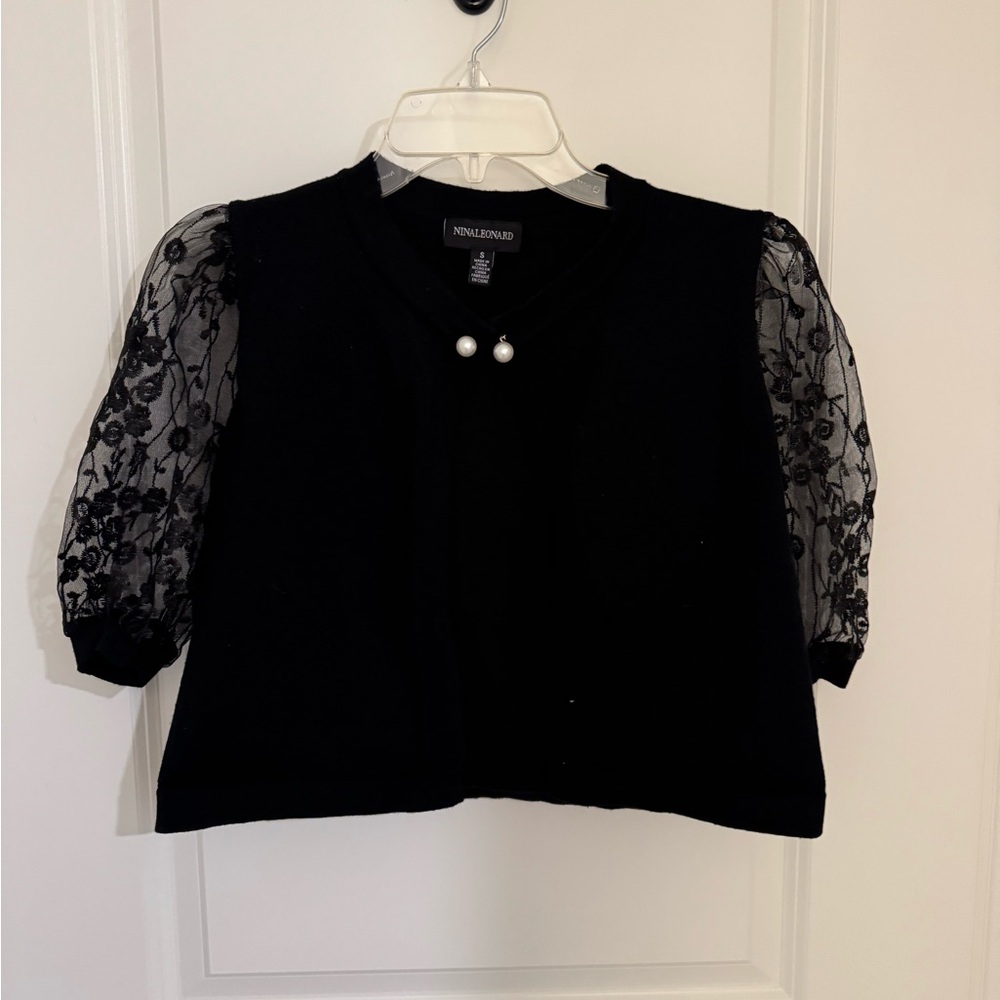 Formal black shawl/cardigan with lace sleeves and pearl clasp